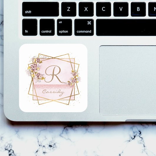 Elegante Roze Gouden Glitter Roos Monogram  Vierkante Sticker
