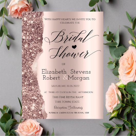 Elegante Roze Gouden Glitter Script Bruidsdouche Kaart
