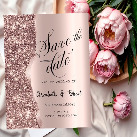 Elegante Roze Gouden Glitter Script Save The Date