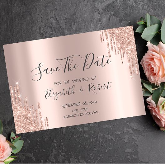 Elegante Roze Gouden Glitterdruppels Save The Date