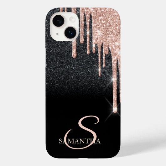 Elegante Roze Gouden Glitterdruppels Zwarte Glitte Case-Mate iPhone Case (Achterkant)