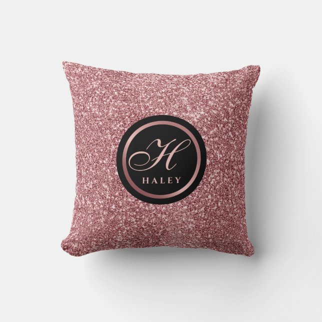 Elegante Roze Gouden Glittereffect Monogram Initia Kussen (Voorkant)