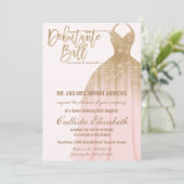 Elegante roze gouden glitterjurk debutante dans kaart (Staand voorkant)