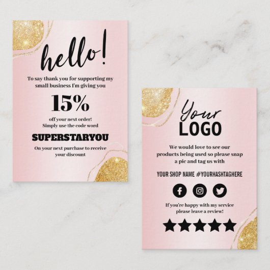 Elegante roze gouden glitters Bedankt kaart Visitekaartje (Voorkant / Achterkant)