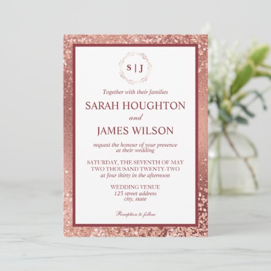 Elegante Roze Gouden Glitters en Burgundy Bruiloft Kaart (Staand voorkant)