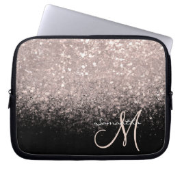 Elegante Roze Gouden Glitters en Zwarte Monogram Laptop Sleeve