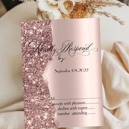 Elegante roze gouden glitterscript RSVP   Kaart