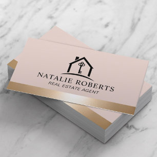 Elegante Roze & Gouden Huis Logo Vastgoedmakelaar Visitekaartje