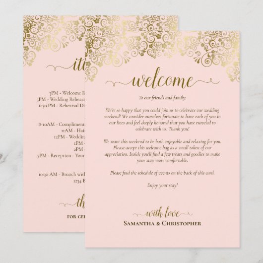 Elegante roze & gouden huwelijksontvangst & -progr programmakaart (Voorkant / Achterkant)