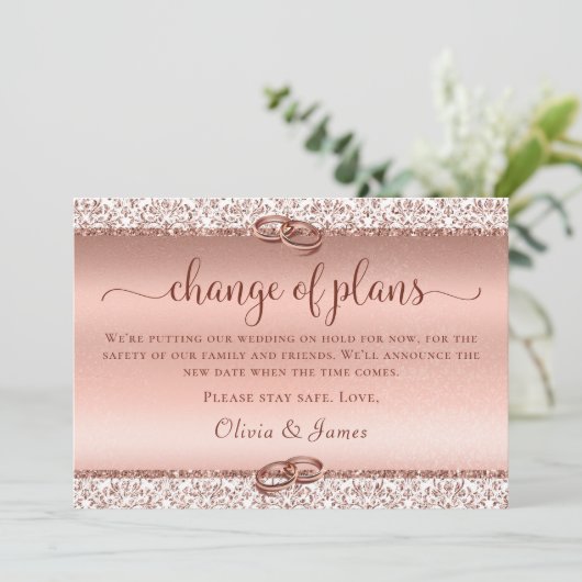 Elegante Roze Gouden Huwelijksplanwijziging Aankondiging (Staand voorkant)