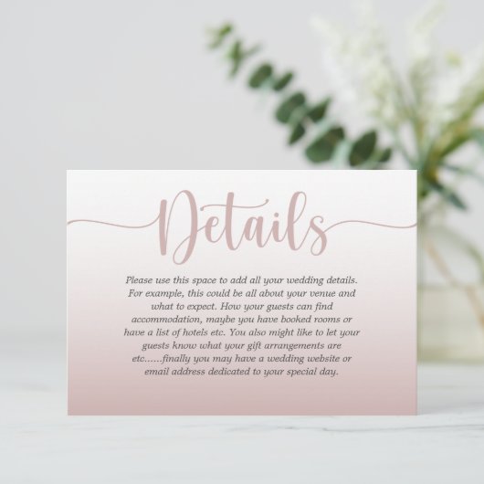 Elegante Roze Gouden & Kalligrafie Huwelijksdetail Informatiekaartje (Staand voorkant)