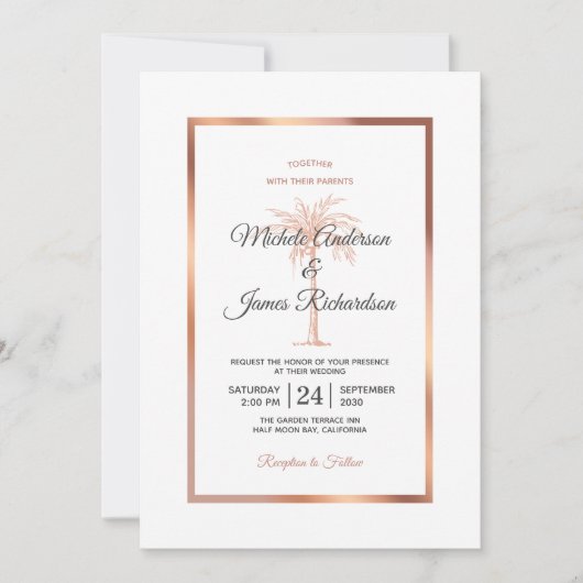 Elegante roze gouden koperen palmboom marmeren bru kaart (Voorkant)