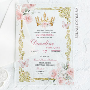 Elegante roze gouden kroon Quinceanera Acryl Uitnodigingen