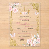 Elegante roze gouden kroon Quinceanera Acryl Uitnodigingen (Voorkant)
