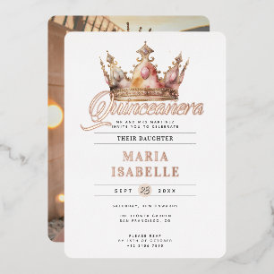 Elegante Roze Gouden Kroon Quinceañera Feest Folie Uitnodiging