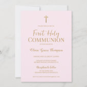 Elegante Roze Gouden Kruis Meisje Eerste Heilige C Kaart (Voorkant)