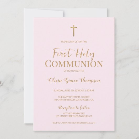 Elegante Roze Gouden Kruis Meisje Eerste Heilige C Kaart (Voorkant)
