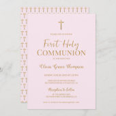 Elegante Roze Gouden Kruis Meisje Eerste Heilige C Kaart (Voorkant / Achterkant)