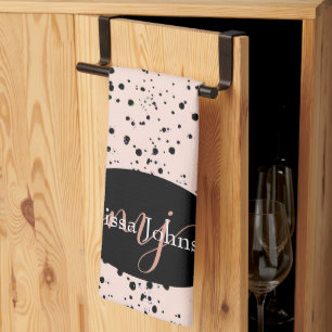 Elegante roze gouden lettering op Zwarte Keuken Theedoek