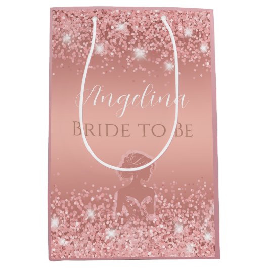 Elegante Roze Gouden Luxe Glans Bruidsdouche Medium Cadeauzakje (Voorkant)