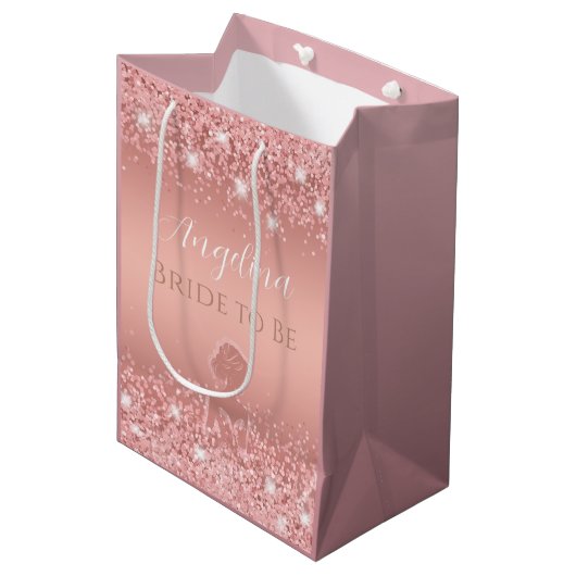 Elegante Roze Gouden Luxe Glans Bruidsmeisjesfeest Medium Cadeauzakje (Voorkant Gekanteld)