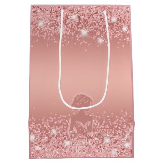 Elegante Roze Gouden Luxe Glans Bruidsmeisjesfeest Medium Cadeauzakje (Achterkant)