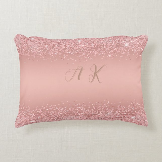 Elegante Roze Gouden Luxe Glans Monogram Accent Kussen (Voorkant)