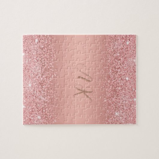 Elegante Roze Gouden Luxe Glans Monogram Legpuzzel (Horizontaal)