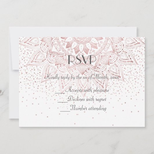 Elegante roze gouden mandala confetti bruiloft ver kaart (Voorkant)