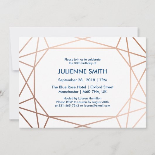 Elegante Roze Gouden & Marineblauwe Geometrische V Kaart (Voorkant)