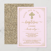 Elegante roze gouden meisje doop kaart (Voorkant / Achterkant)