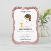 Elegante roze gouden meisjes eerste heilige commun kaart (Staand voorkant)
