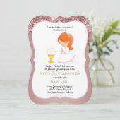 Elegante roze gouden meisjes eerste heilige commun kaart (Staand voorkant)