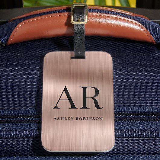 Elegante Roze Gouden Metaal Monogram 2 Initiaal Bagagelabel (Voorkant Insitu 2)