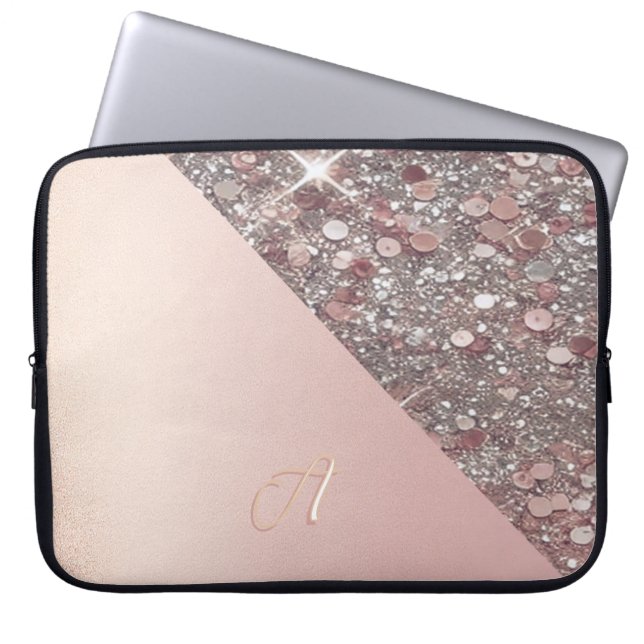 Elegante Roze Gouden Monogram Laptop Sleeve (Voorkant)