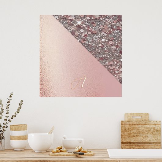 Elegante Roze Gouden Monogram Poster (Keuken)