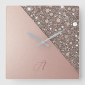Elegante Roze Gouden Monogram Vierkante Klok (Voorkant)