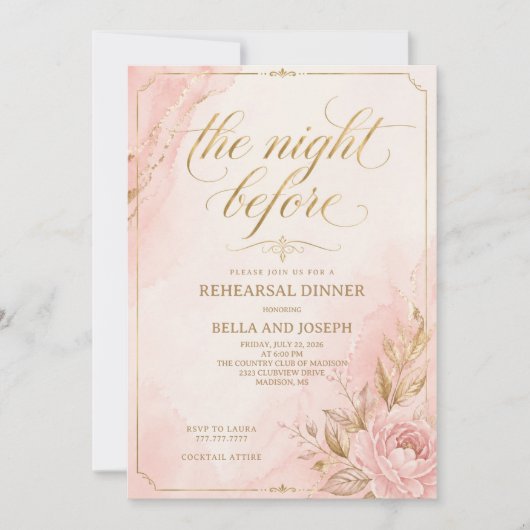 Elegante Roze & Gouden Oefendiner Uitnodiging (Voorkant)