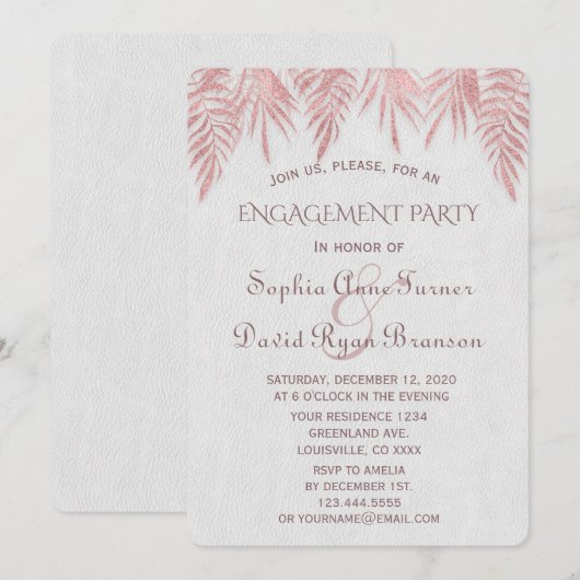 Elegante roze gouden palmbladeren verlovingsfeestj kaart (Voorkant / Achterkant)