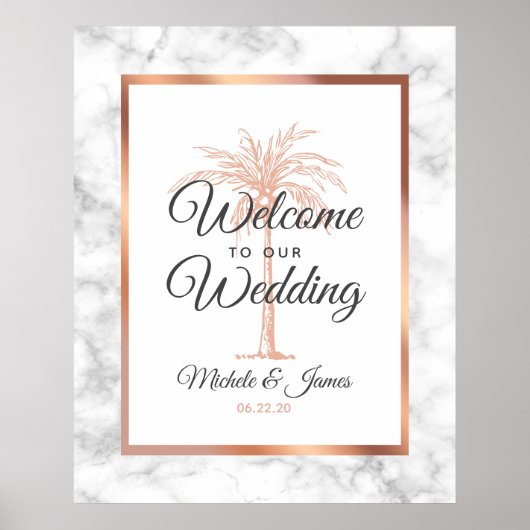 Elegante roze gouden palmboom marmeren huwelijkson poster (Voorkant)