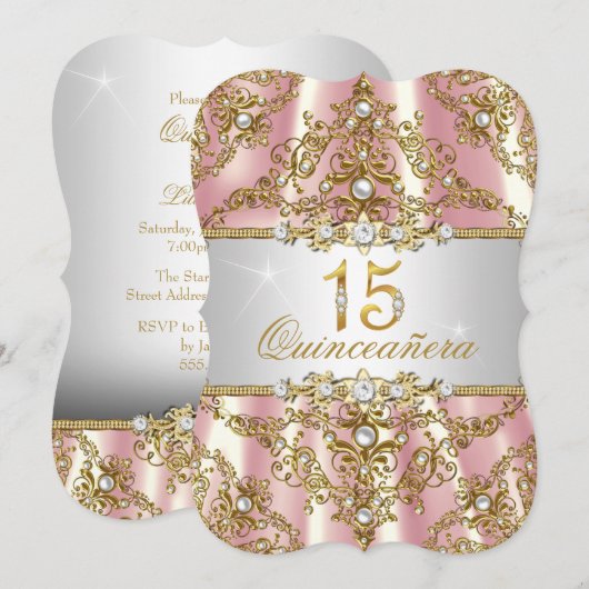 Elegante Roze Gouden Parel Damast Quinceanera Kaart (Voorkant / Achterkant)