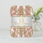 Elegante Roze Gouden Parel Damast Quinceanera Kaart (Staand voorkant)