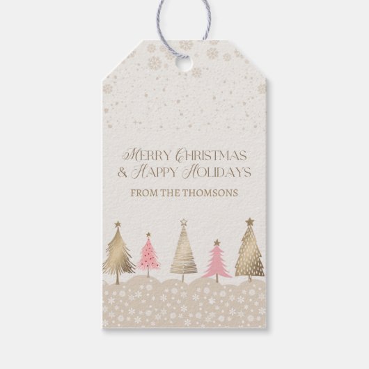 Elegante roze gouden pijnboom vrolijk kerstfeest cadeaulabel (Voorkant)