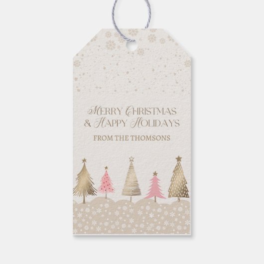 Elegante roze gouden pijnboom vrolijk kerstfeest cadeaulabel (Achterkant)