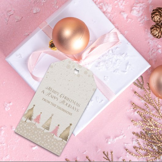 Elegante roze gouden pijnboom vrolijk kerstfeest cadeaulabel