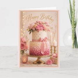 Elegante Roze & Gouden Plissé Verjaardagstaart Kaart