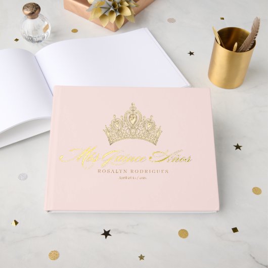 Elegante Roze Gouden Quinceanera  Gastenboek (Voorkant open)