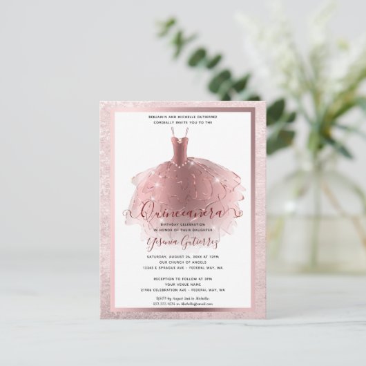 Elegante Roze Gouden Quinceañera Jurk Briefkaart (Staand voorkant)
