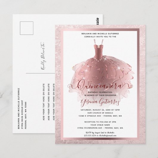 Elegante Roze Gouden Quinceañera Jurk Briefkaart (Voorkant / Achterkant)