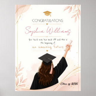 Elegante roze gouden & roze bloemen afstudeerkaart poster
